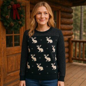 Madewell Wallace Jackalope‎ Print Wool Blend Crewneck Sweater Holiday Cabin XS